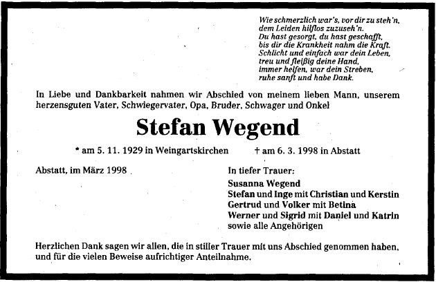 Wegend Stefan 1929-1998 Todesanzeige